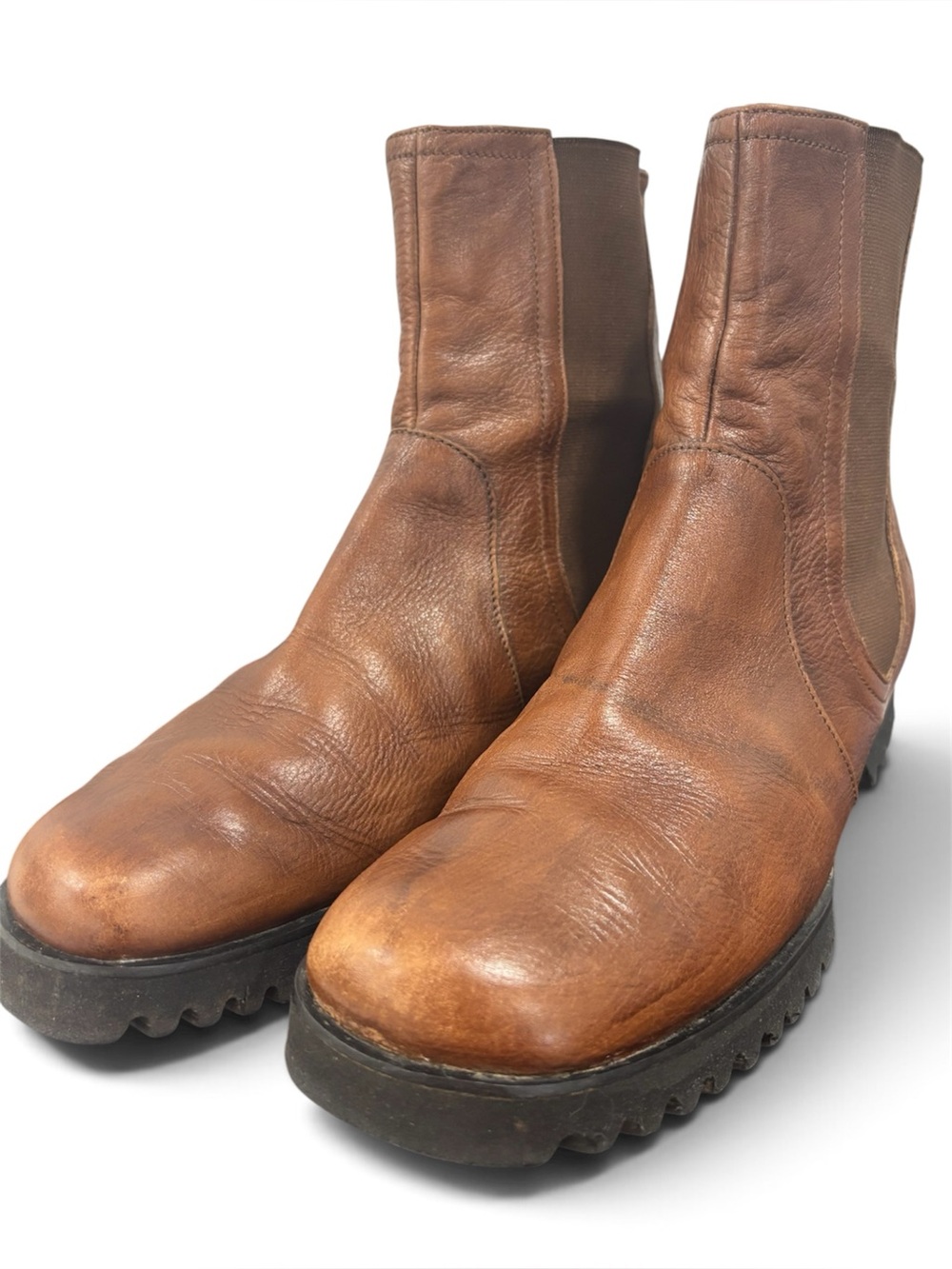 Archival Prada 1990s Chunky Shark Tooth Sole Chelsea Boots Caramel Leather 8.5